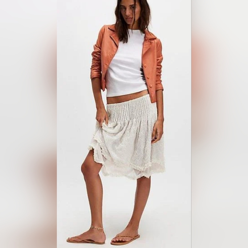 Free People Embroidered Smocked-Waist Tiered Mini Skirt- In Off White
